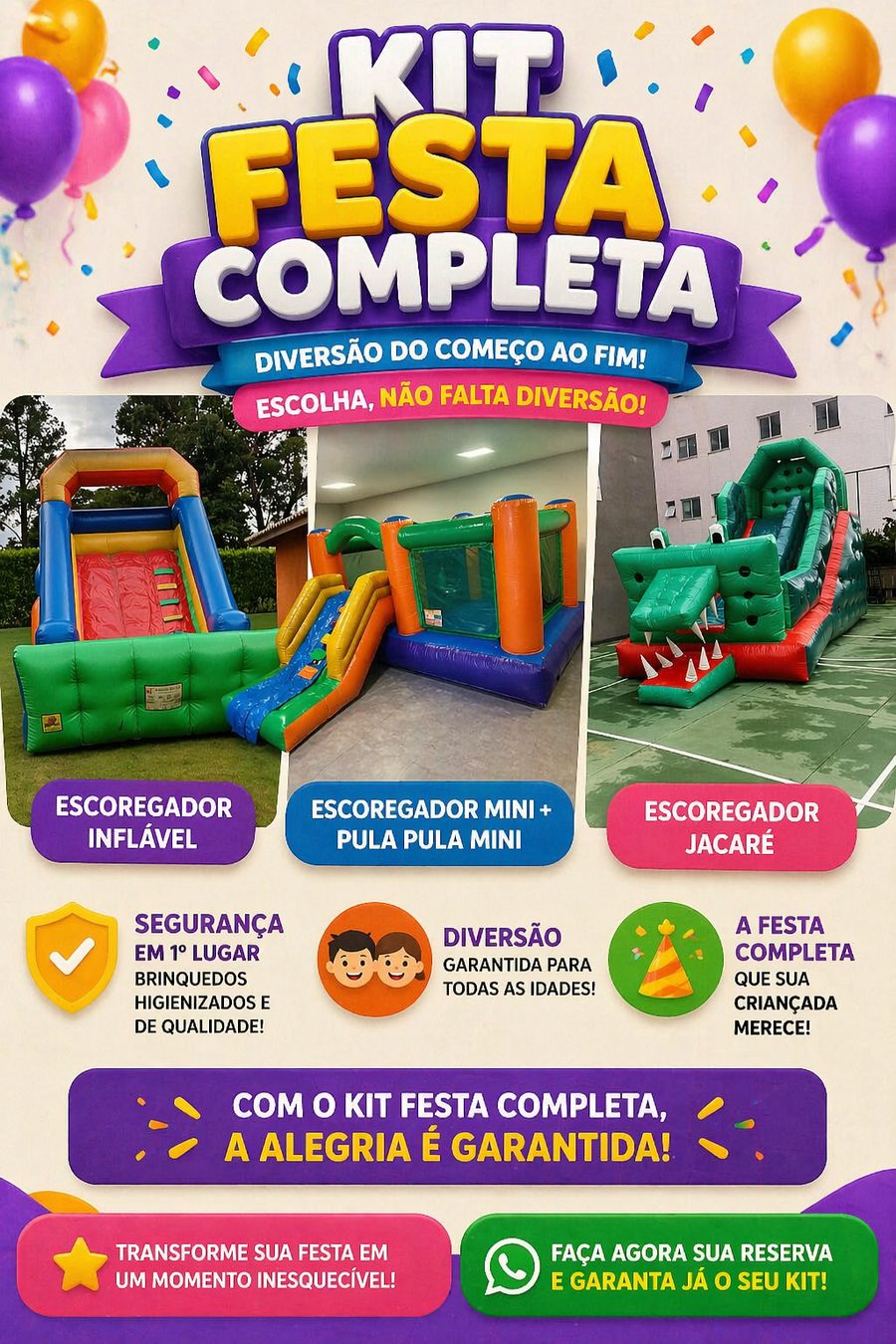 Kit Festa Completa: escorregador inflável, escorregador mini com pula-pula mini e escorregador jacaré