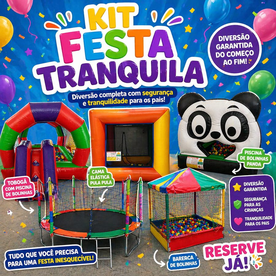 Kit Festa Tranquila: tobogã com piscina de bolinhas, cama elástica, piscina de bolinhas panda e barraca de bolinhas