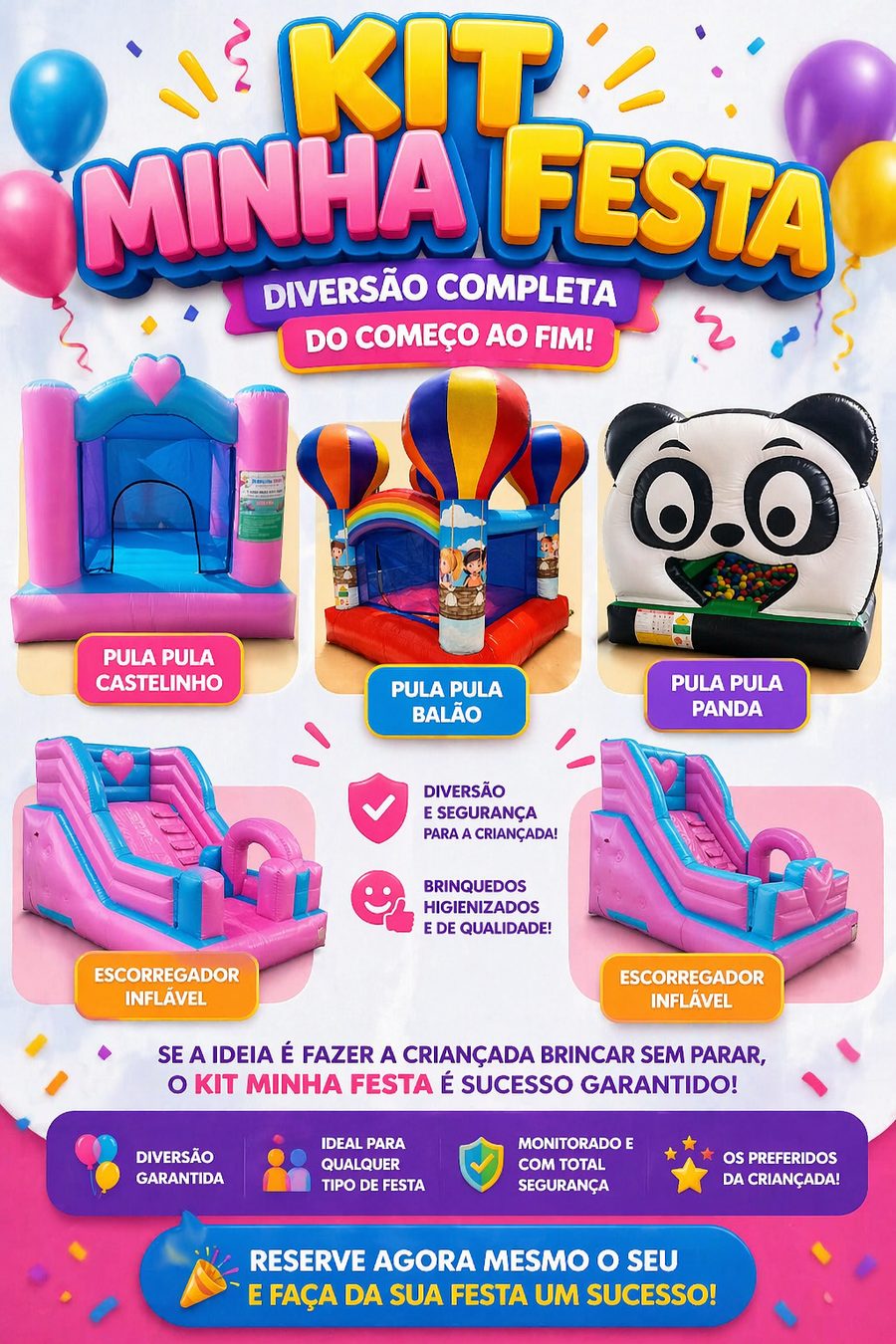 Kit Minha Festa: pula-pula castelinho, pula-pula balão, pula-pula panda e dois escorregadores infláveis